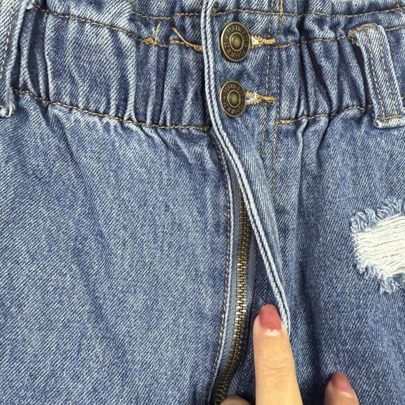 Forever 21 Sz L Jean Shorts Elastic Waist Distressed Rolled Hem Hi-Rise Blue Y2K - Picture 5 of 6